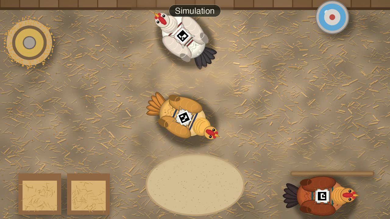 Draufsicht auf den Stall mit Hennen und Marker-Boxen (synthetische Simulation)